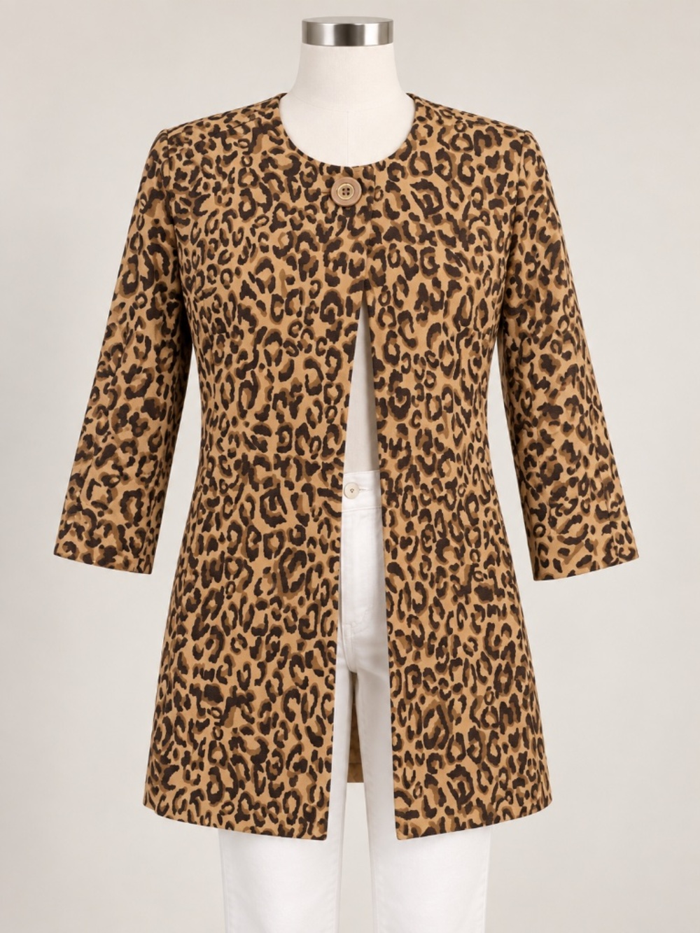 Carol Anderson Leopard Print 3/4 Sleeves 1 Button Knit Jacket Coat Size M